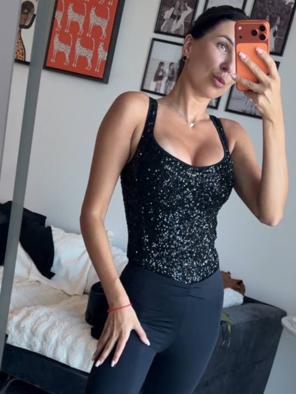 Express Black Sequin Scoop-Neck Bodysuit